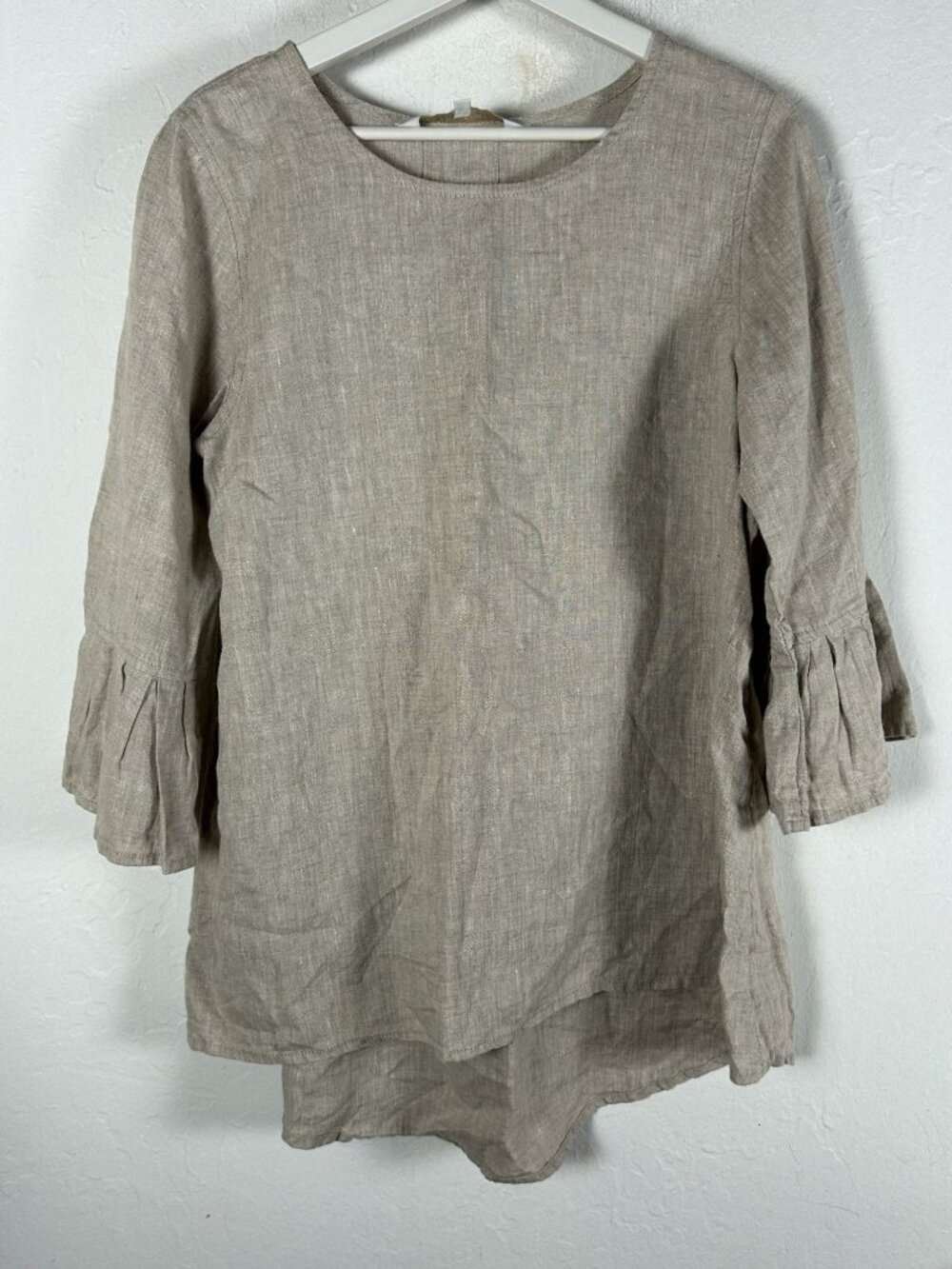 Crown Linen Designs Women’s Bella Bell Sleeve Tunic Top Medium Beige Linen NWOT